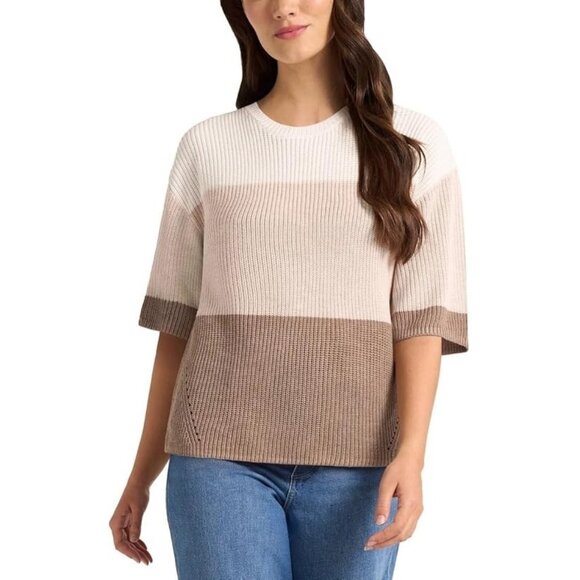 NEW Matty M Women's S Colorblock Knit Sweater Beige & White Short Sleeve - Picture 1 of 9